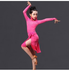 Royal blue black fuchsia hot pink diamond lace patchwork tassels girls competition performance long sleeves latin ballroom dance dresses outfits